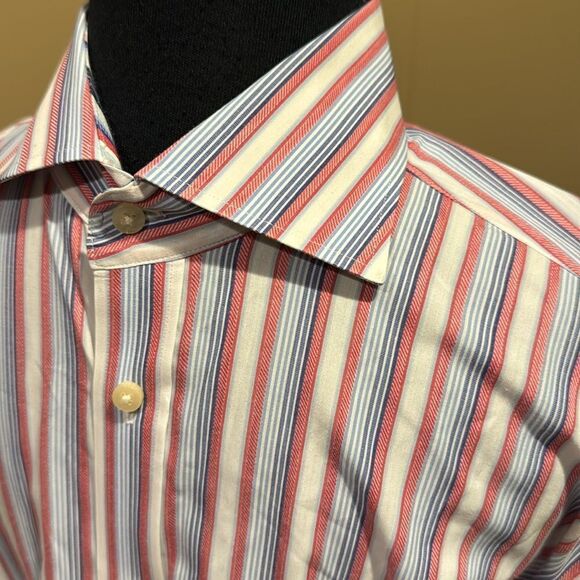 Neiman Marcus red/shades of blue stripe button down shirt. Large. - Picture 2 of 8